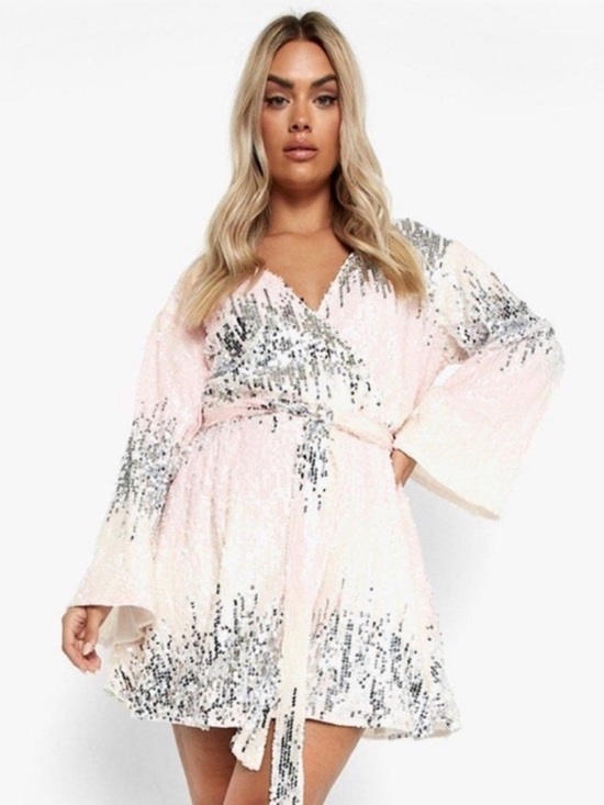 Dresses & Skirts - Boohoo Pink Silver Sequin Wrap Dress Bell Sleeve Mini Party Dress